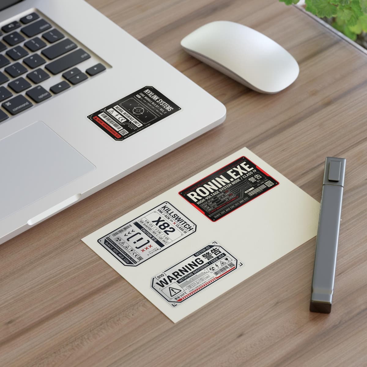 Cyberpunk Warning Labels Holographic Sticker Sheet | Sci-Fi Tech Decal Pack