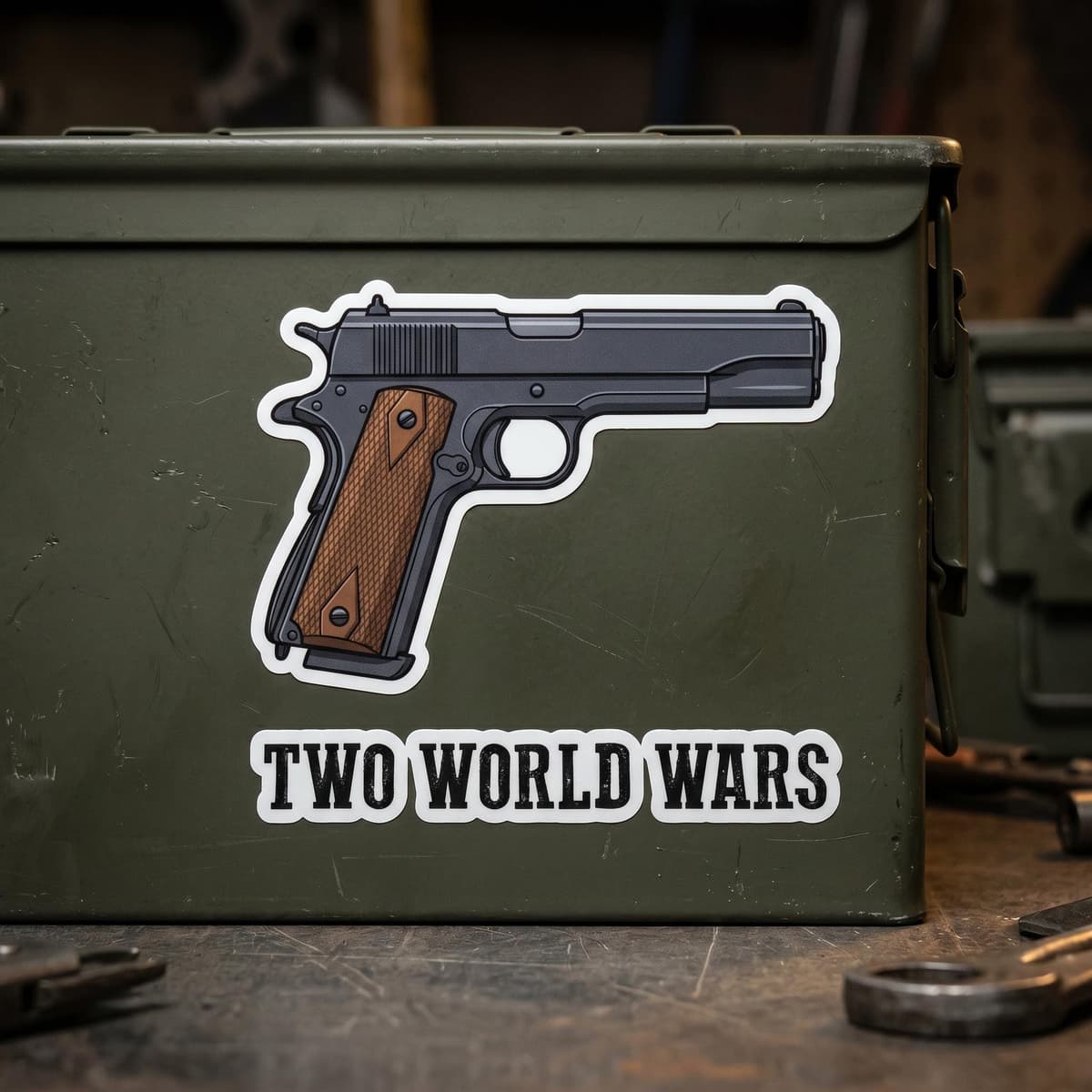 Two World Wars 1911 Pistol Sticker | .45 ACP Gun Meme Vinyl Decal