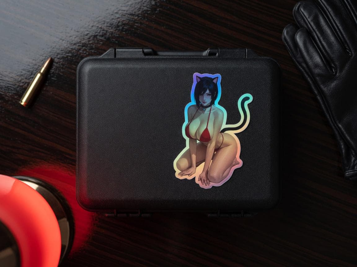 Crimson Catgirl Bikini Holographic Sticker | Spy Girl Iridescent Vinyl Decal