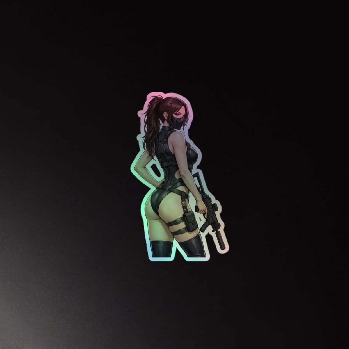 Tactical Girl Harness Rifle Holographic Sticker | Operator Pin-Up Iridescent Vinyl Decal