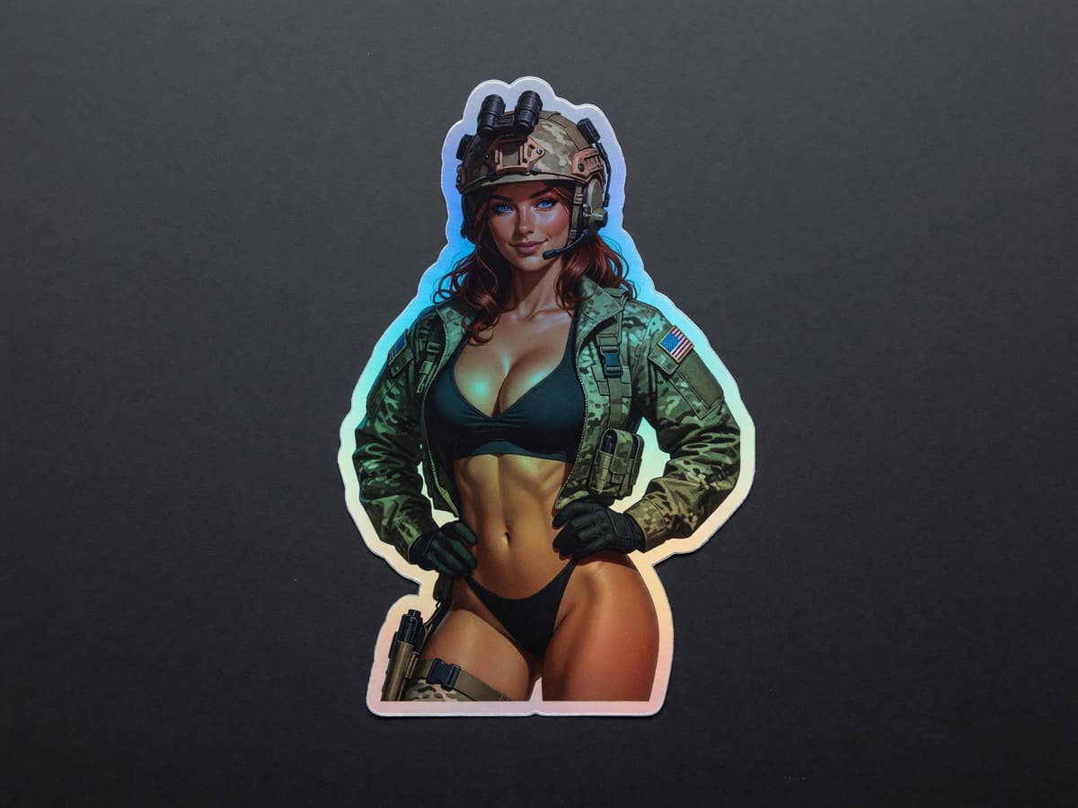 Tactical Girl Camo Bikini Holographic Sticker | Military Waifu Iridescent Vinyl Decal