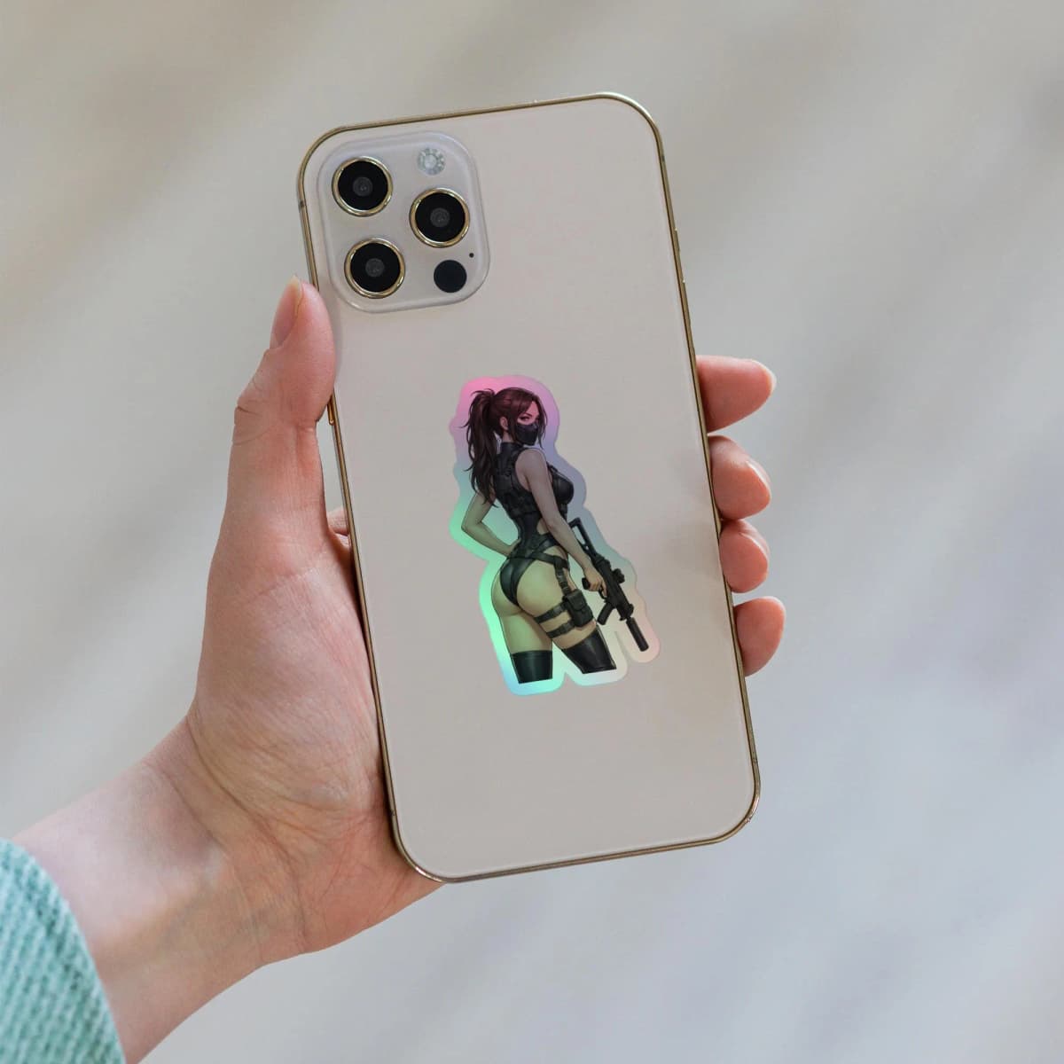 Tactical Girl Harness Rifle Holographic Sticker | Operator Pin-Up Iridescent Vinyl Decal