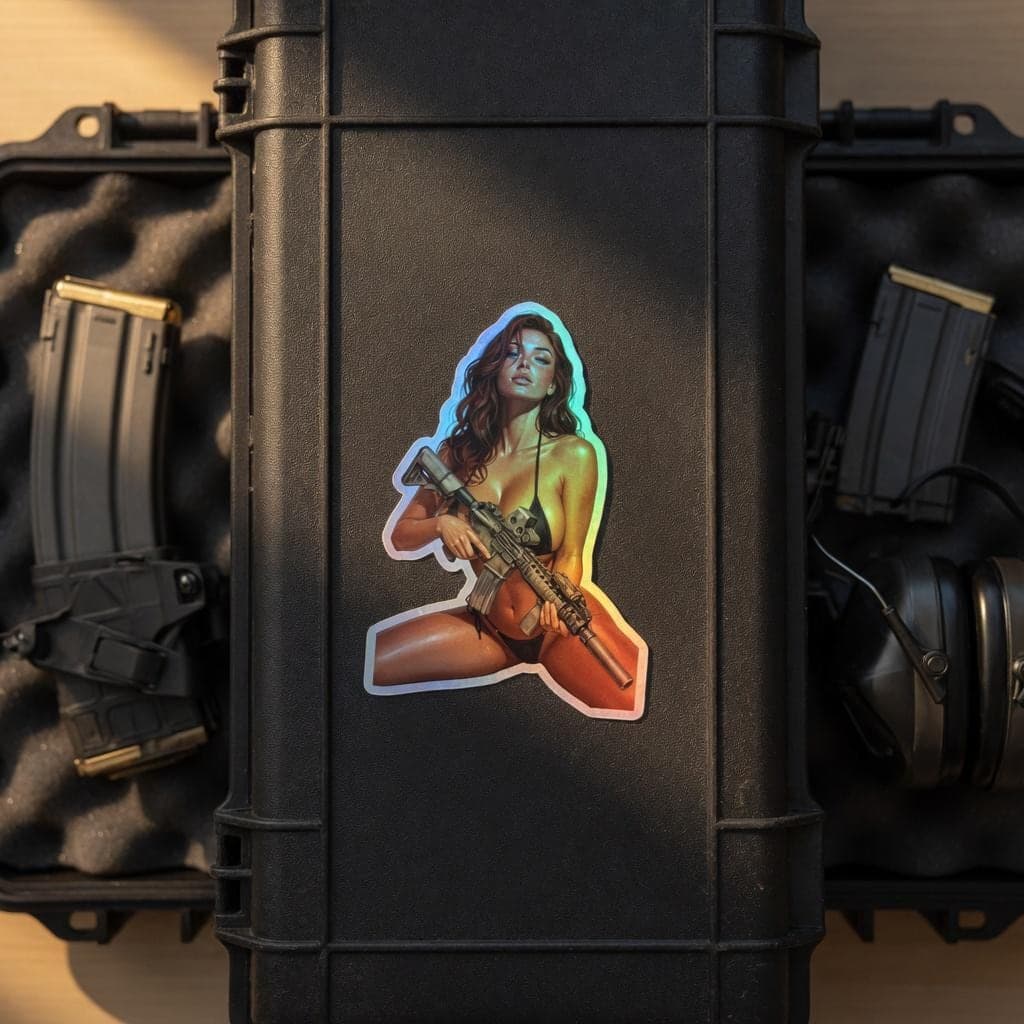 Tactical Girl AR-15 Bikini Holographic Sticker | Gun Girl Pin-Up Iridescent Decal