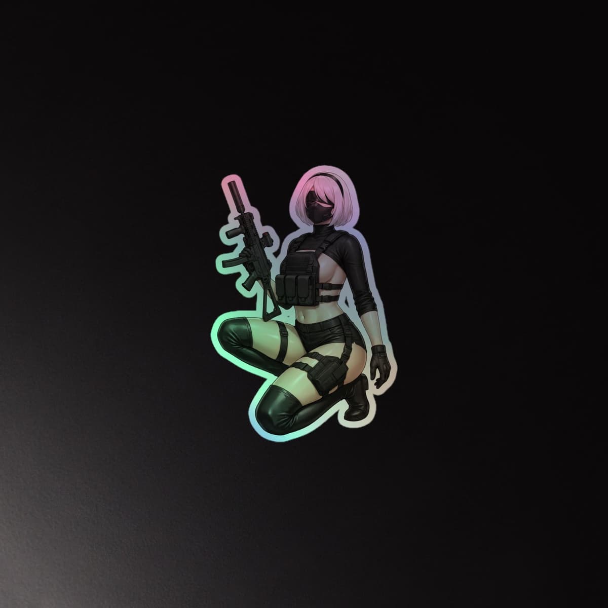 2B Tactical Kneel Holographic Sticker | Android Waifu Iridescent Vinyl Decal