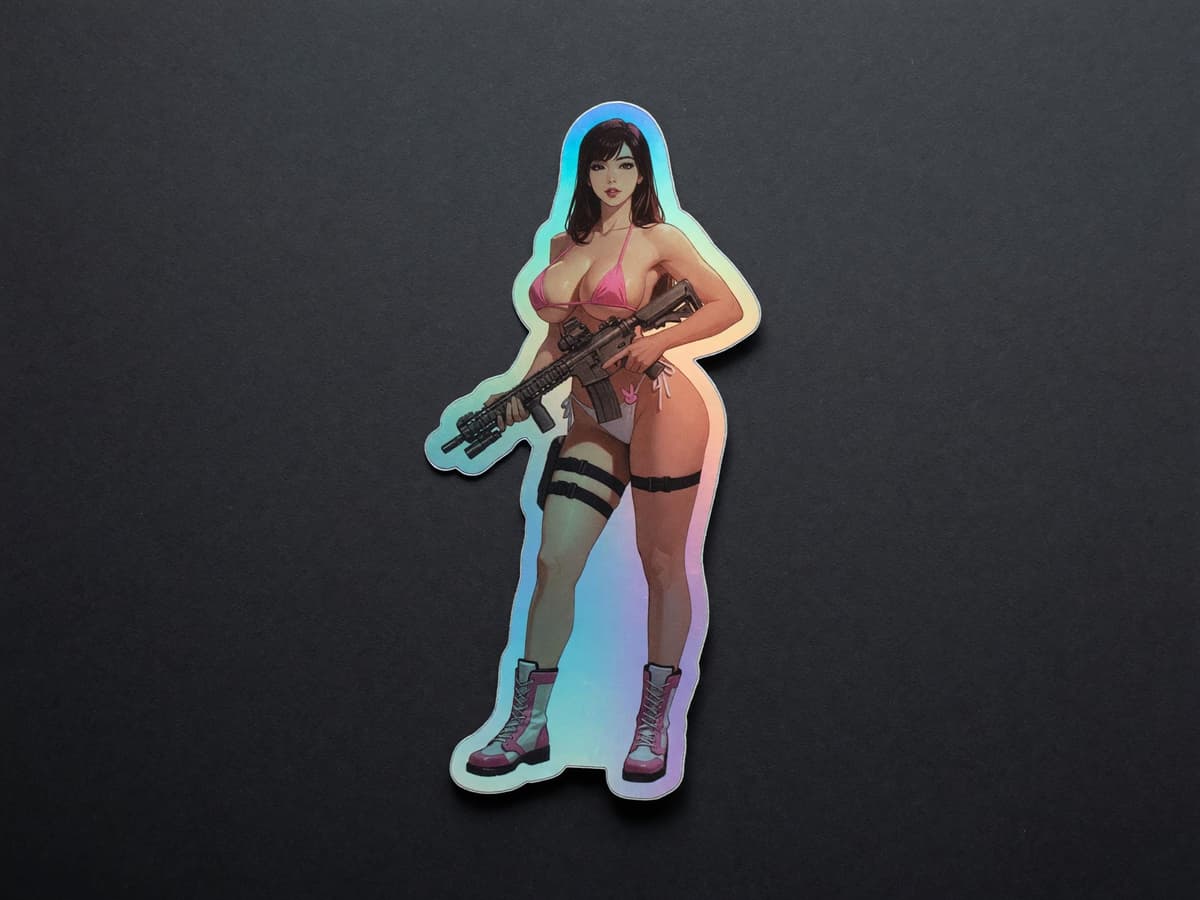 Bunny Pilot Bikini Tactical Holographic Sticker | Mech Waifu Iridescent Vinyl Decal