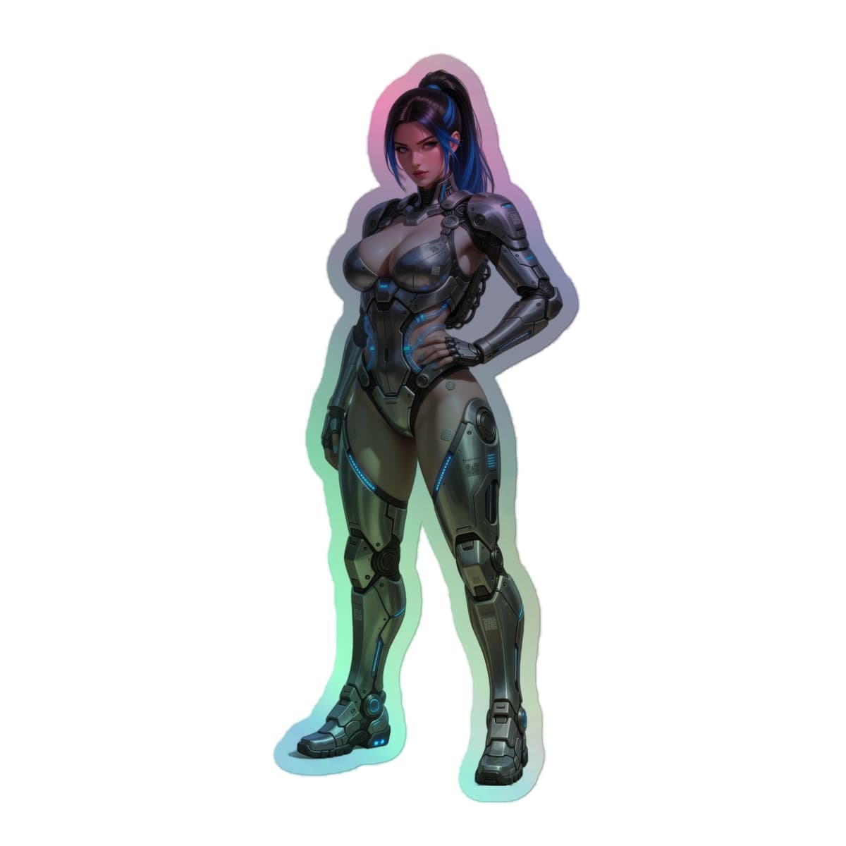 Neon Armored Waifu Sticker Holographic