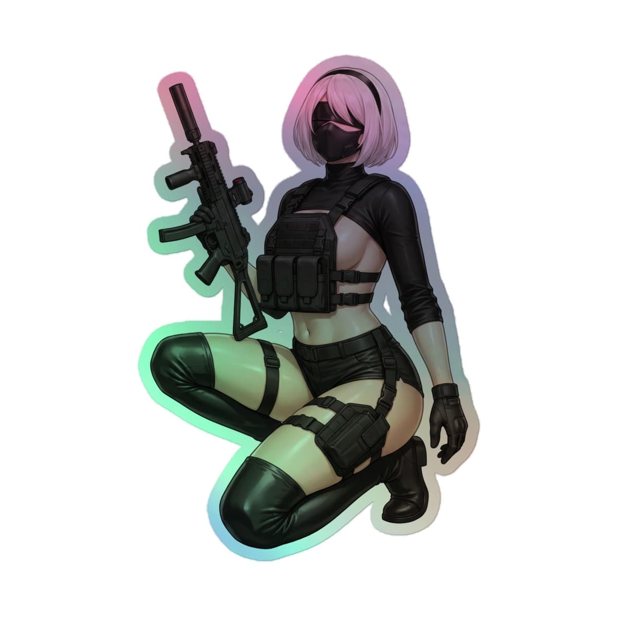 2B Tactical Kneel Holographic Sticker | Android Waifu Iridescent Vinyl Decal
