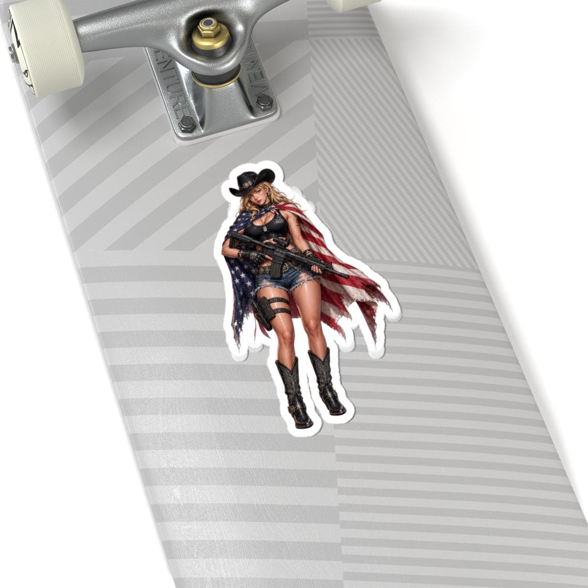American Cowgirl Rifle Pin-Up Kiss-Cut Sticker | Patriotic Western Vinyl Decal | Flag Cape Cowgirl