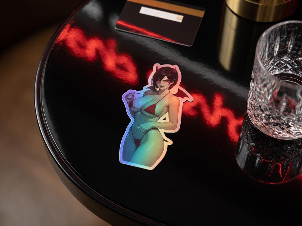 Crimson Devil Bikini Holographic Sticker | Femme Fatale Iridescent Vinyl Decal