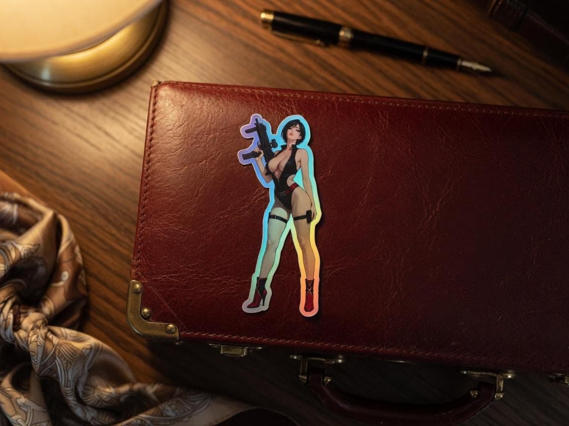 Crimson MP7 Spy Girl Holographic Sticker | Tactical Waifu Iridescent Vinyl Decal