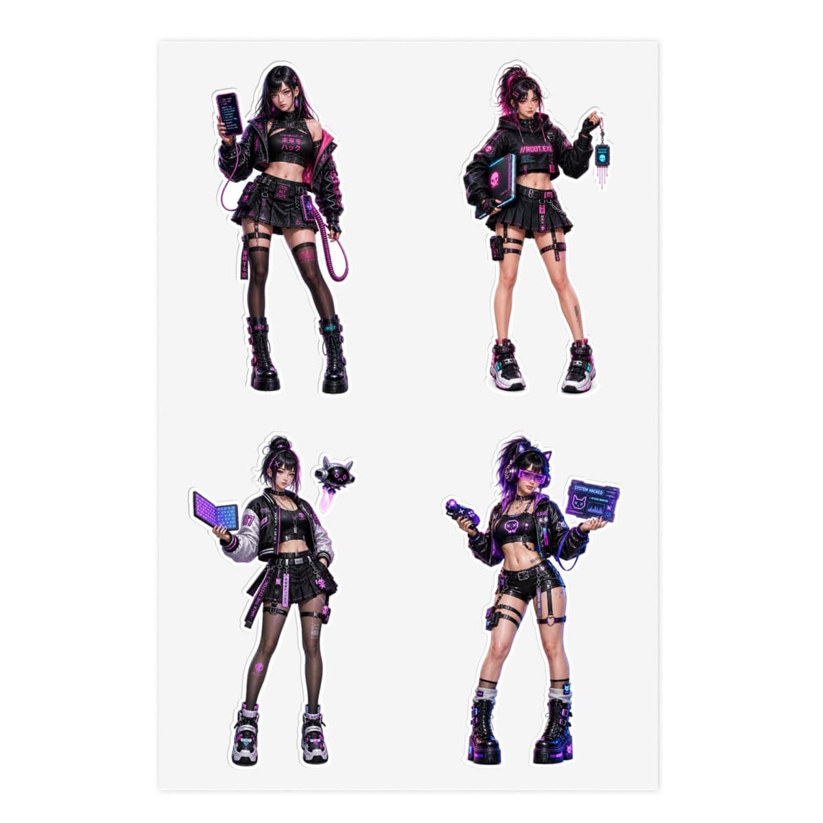 Holographic Cyber Hacker Girl Stickers | Y2K Anime Vinyl Decals (4 Designs)