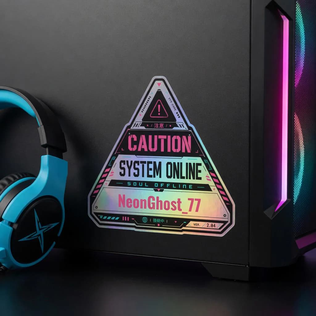 Custom Holographic Name Sticker | Personalized Gamertag Cyberpunk Caution Decal