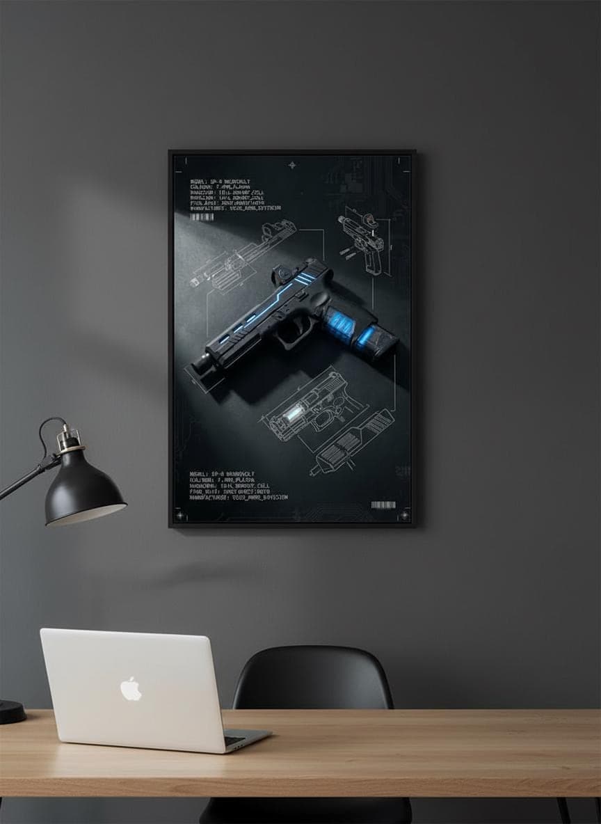 Sci-Fi Pistol Blueprint Poster | Cyberpunk Weapon Diagram Wall Art (Matte Print)