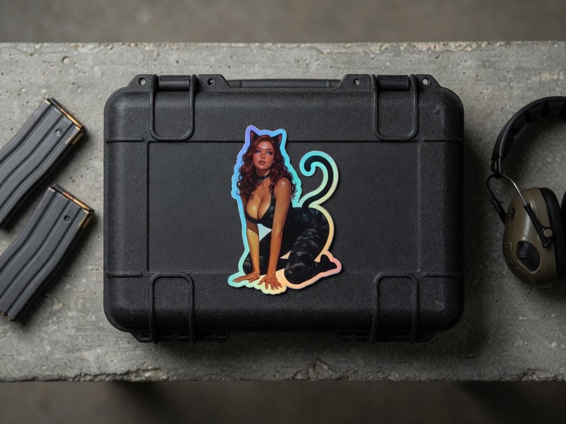 Tactical Girl Catgirl Crawl Holographic Sticker | Cat Ears Iridescent Vinyl Decal