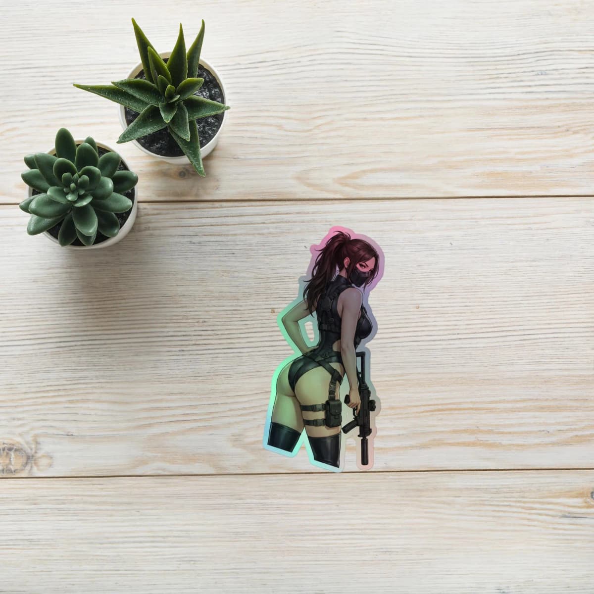 Tactical Girl Harness Rifle Holographic Sticker | Operator Pin-Up Iridescent Vinyl Decal