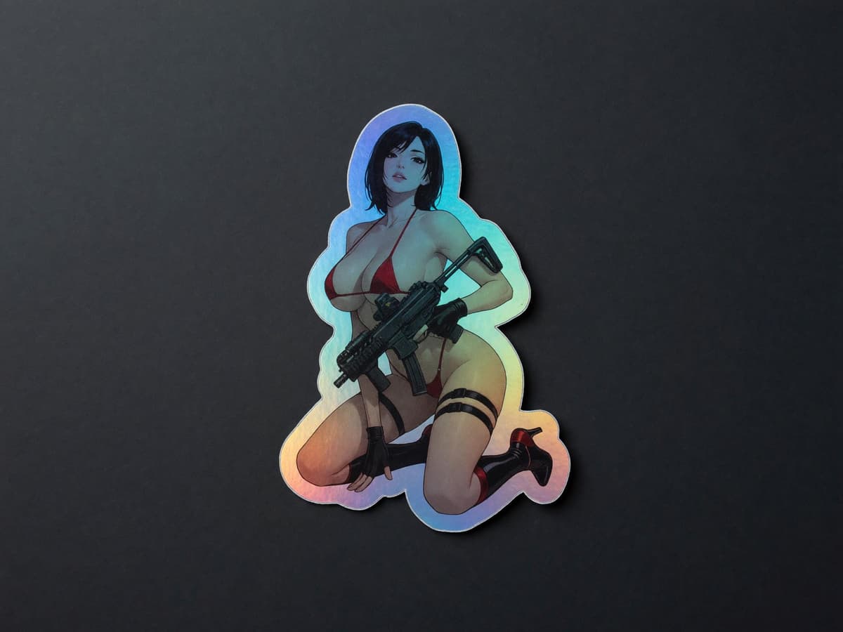 Crimson MPX Spy Girl Holographic Sticker | Tactical Waifu Iridescent Vinyl Decal