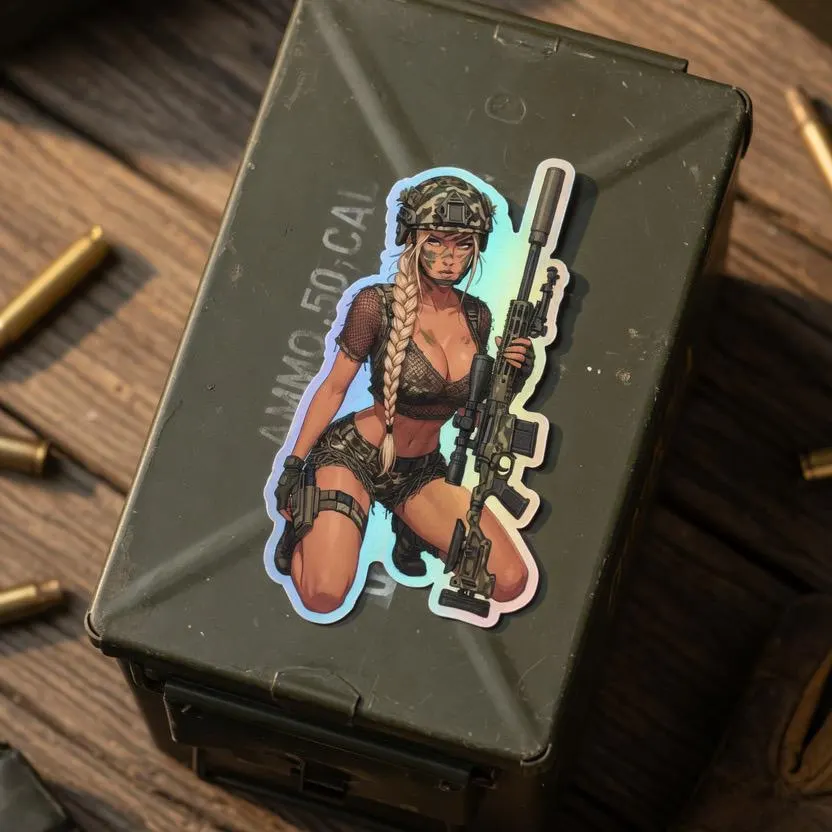 Valkyrie Sniper Camo Holographic Sticker | Military Pin-Up Iridescent Vinyl Decal