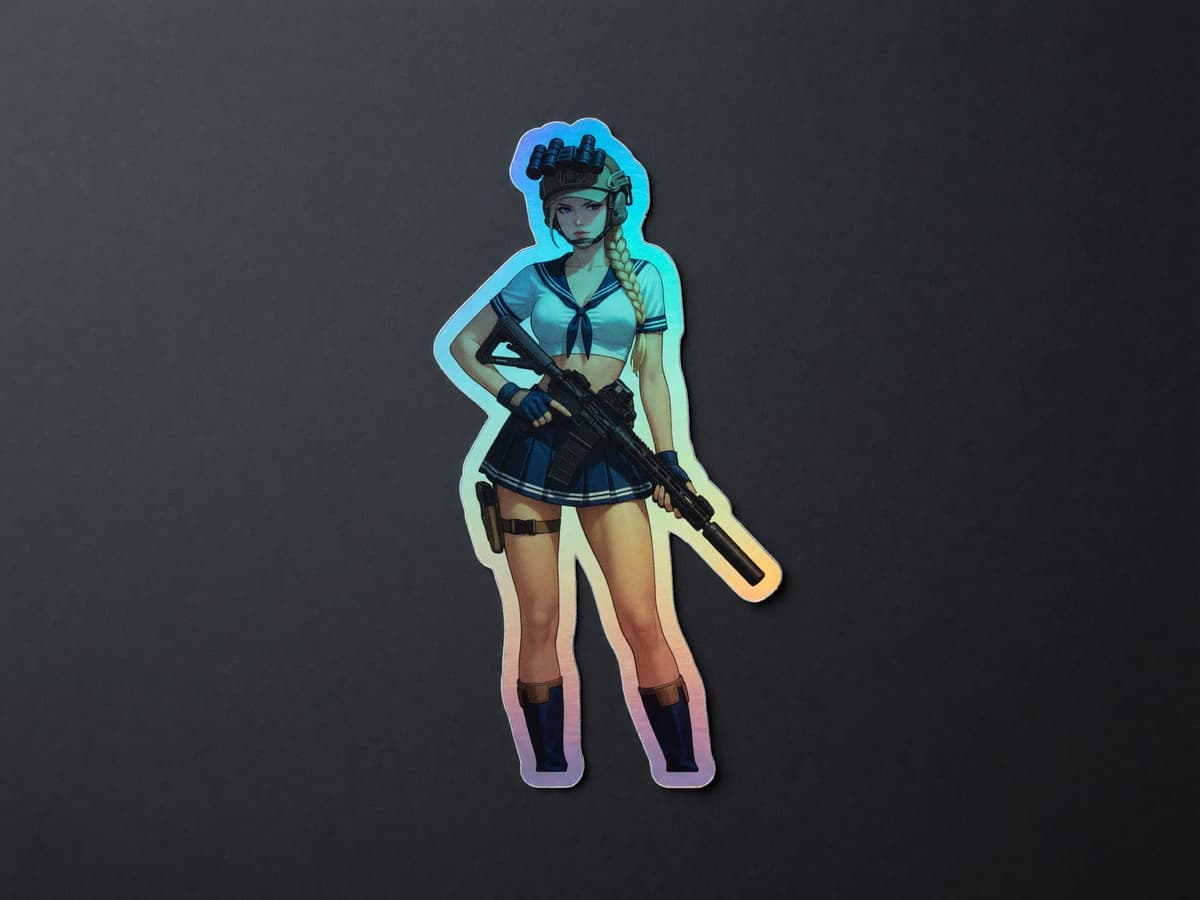 Valkyrie Schoolgirl AR-15 Holographic Sticker | Tactical Waifu Iridescent Vinyl Decal