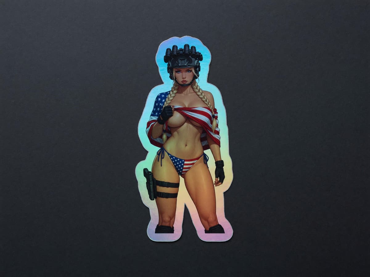 Valkyrie Flag Draped Holographic Sticker | Patriotic Tactical Waifu Decal