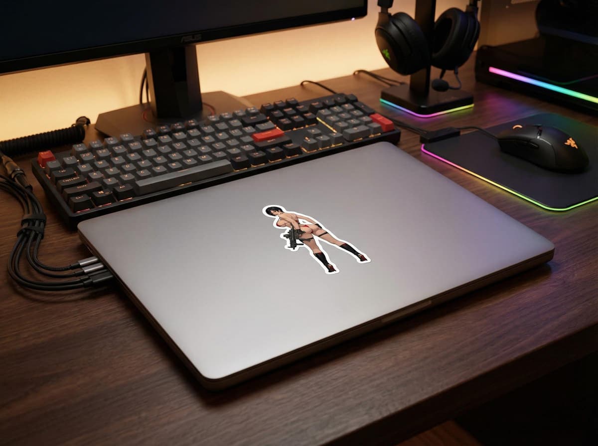 Crimson Spy Girl MP5 Sticker | Tactical Anime Waifu Vinyl Decal (Kiss Cut)