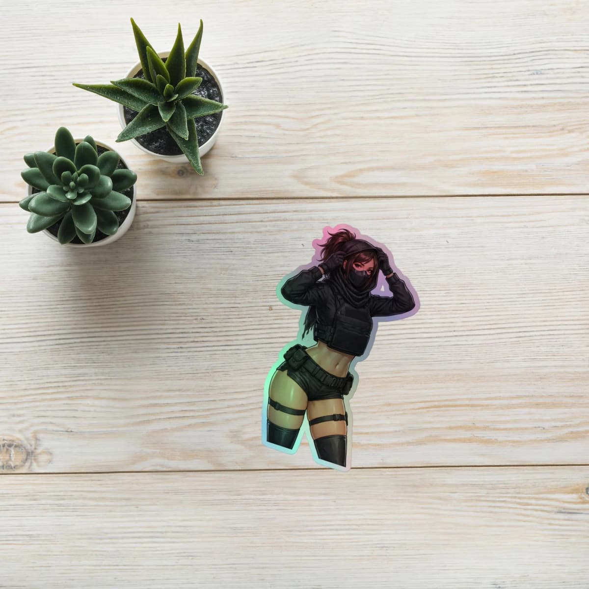 Tactical Girl Mesh Hood Holographic Sticker | Operator Pin-Up Iridescent Vinyl Decal