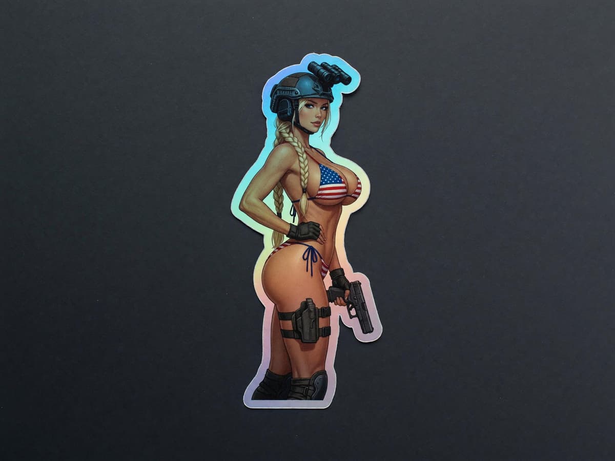 Valkyrie USA Bikini Holographic Sticker | Patriotic Waifu Iridescent Vinyl Decal