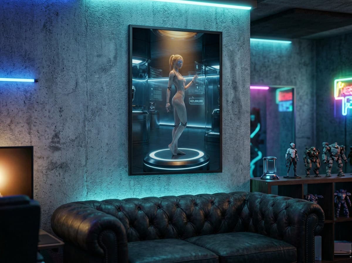 May include: A framed digital art print of a futuristic female android in a sci-fi setting. The artwork is displayed on a concrete wall above a tufted leather sofa. The room is illuminated with neon lights.