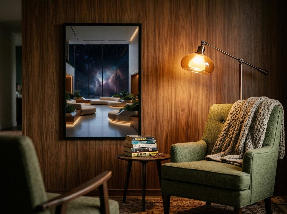 Space Station Lounge Poster | Luxury Sci-Fi Interior Wall Art (Enhanced Matte Print)