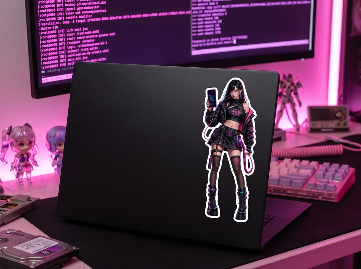 Cyber Hacker Sticker | Anime Coder Waifu Vinyl Decal, Pink Black Y2K Style