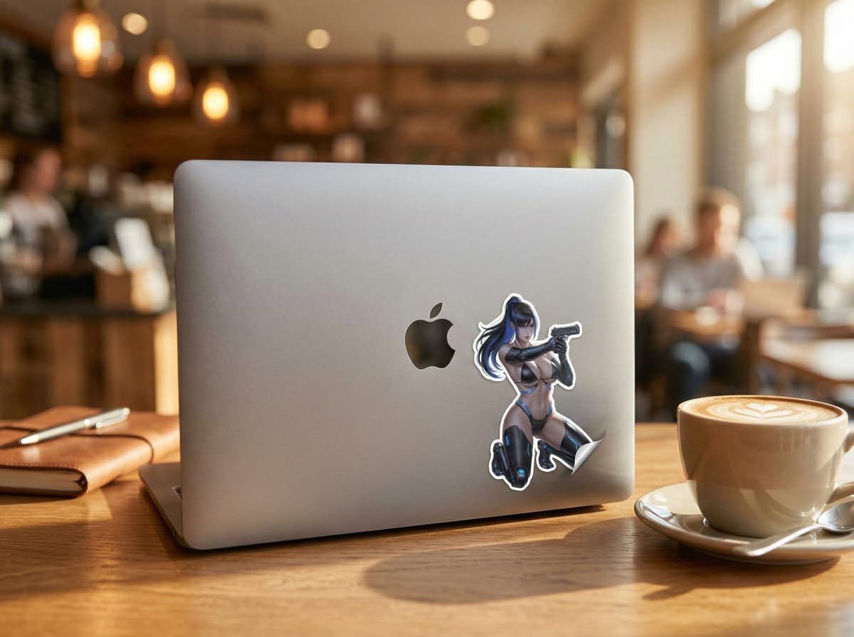 Neon Cyberpunk Kneeling Girl Sticker | Cyborg Warrior Anime Vinyl Decal (Kiss Cut)