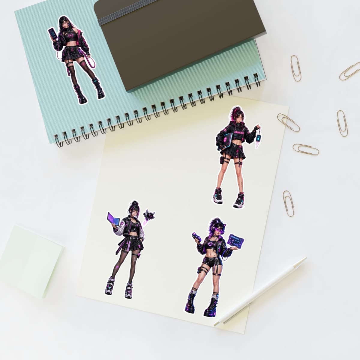 Holographic Cyber Hacker Girl Stickers | Y2K Anime Vinyl Decals (4 Designs)