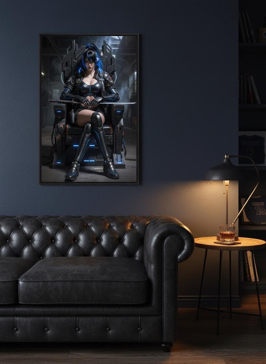 Neon Throne Girl Poster | Cyberpunk Queen Sci-Fi Wall Art (Matte Print)