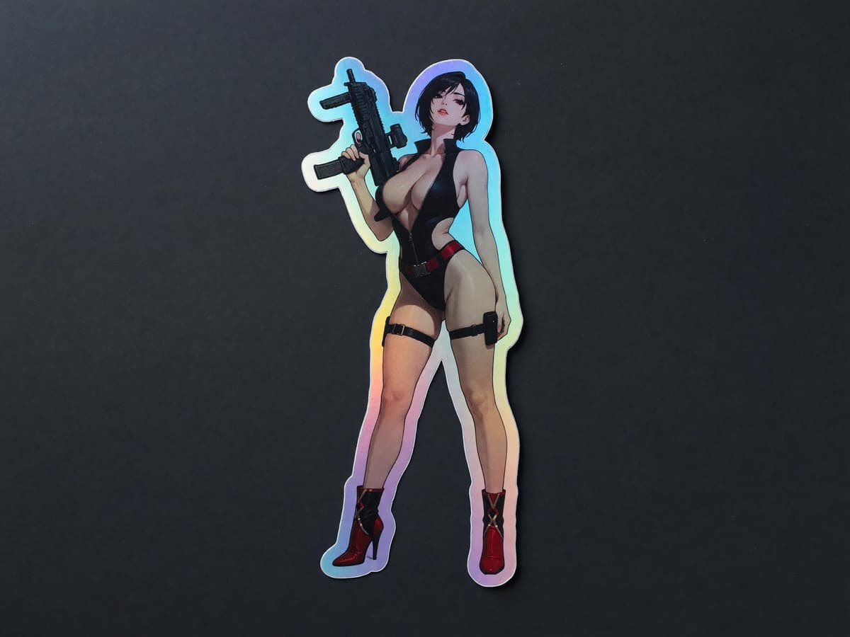 Crimson MP7 Spy Girl Holographic Sticker | Tactical Waifu Iridescent Vinyl Decal