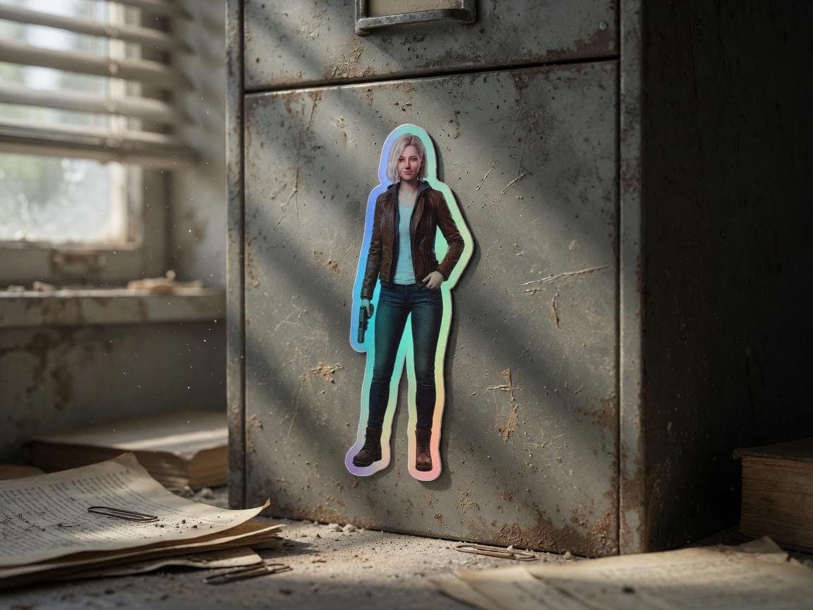 Survivor Girl Leather Jacket Holographic Sticker | RE9 Horror Iridescent Vinyl Decal