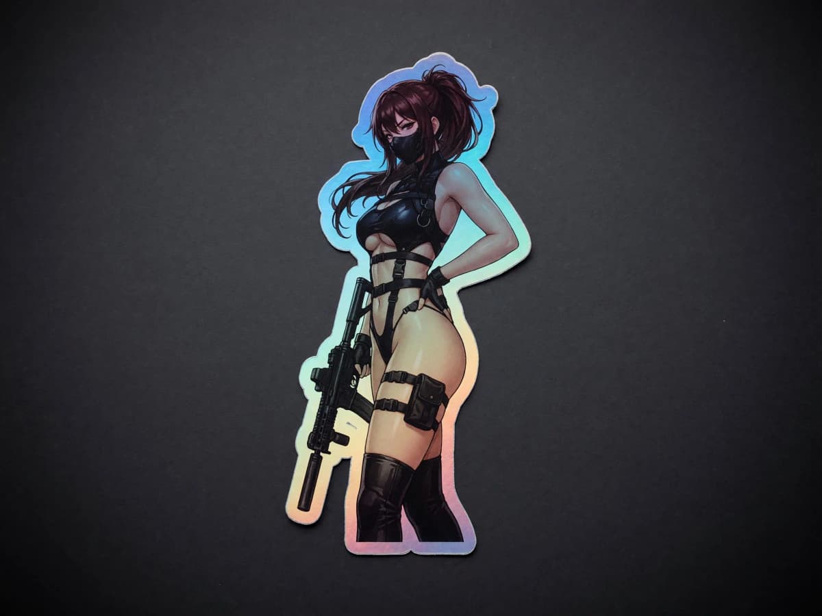 Tactical Girl Sniper Harness Holographic Sticker | Operator Pin-Up Iridescent Vinyl Decal