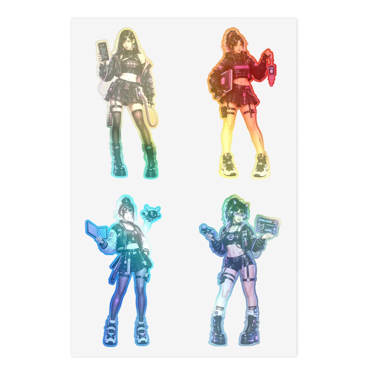 Holographic Cyber Hacker Girl Stickers | Y2K Anime Vinyl Decals (4 Designs)