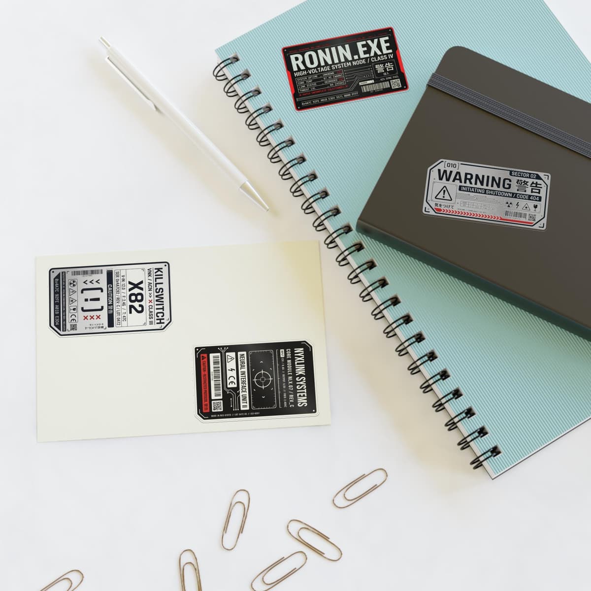 Cyberpunk Warning Labels Holographic Sticker Sheet | Sci-Fi Tech Decal Pack