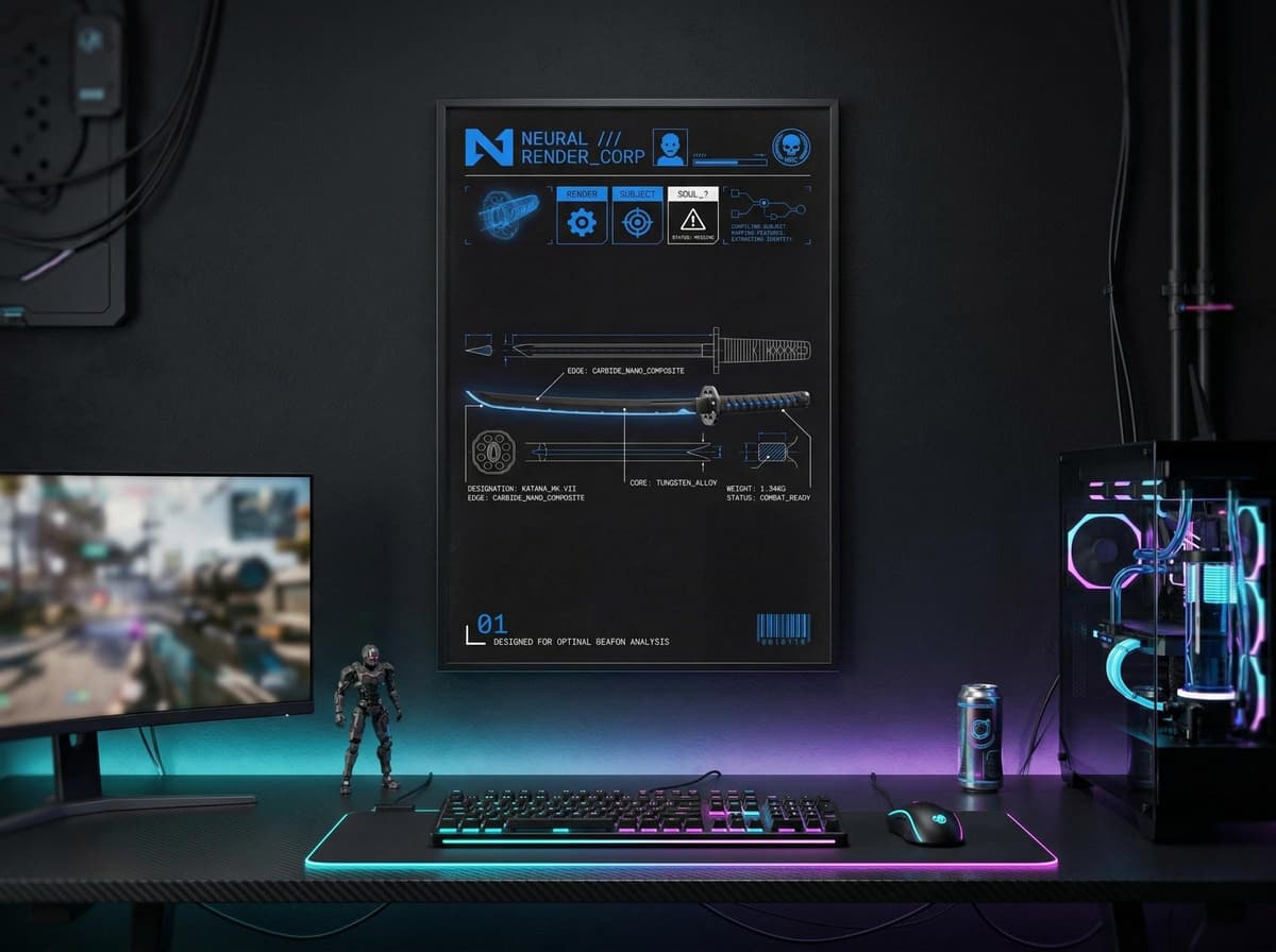 Sci-Fi Katana Blueprint Poster | Cyberpunk Sword Diagram Wall Art (Matte Print)