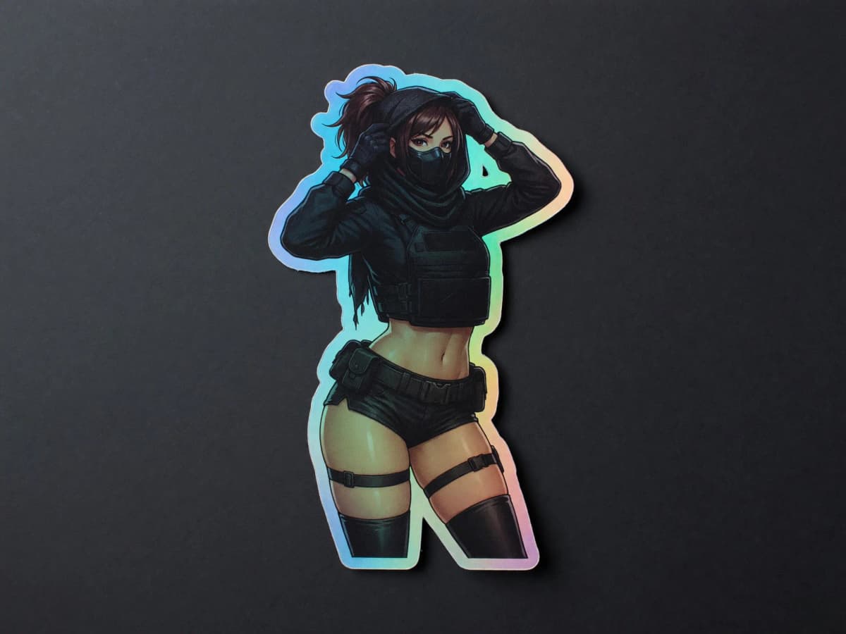 Tactical Girl Mesh Hood Holographic Sticker | Operator Pin-Up Iridescent Vinyl Decal