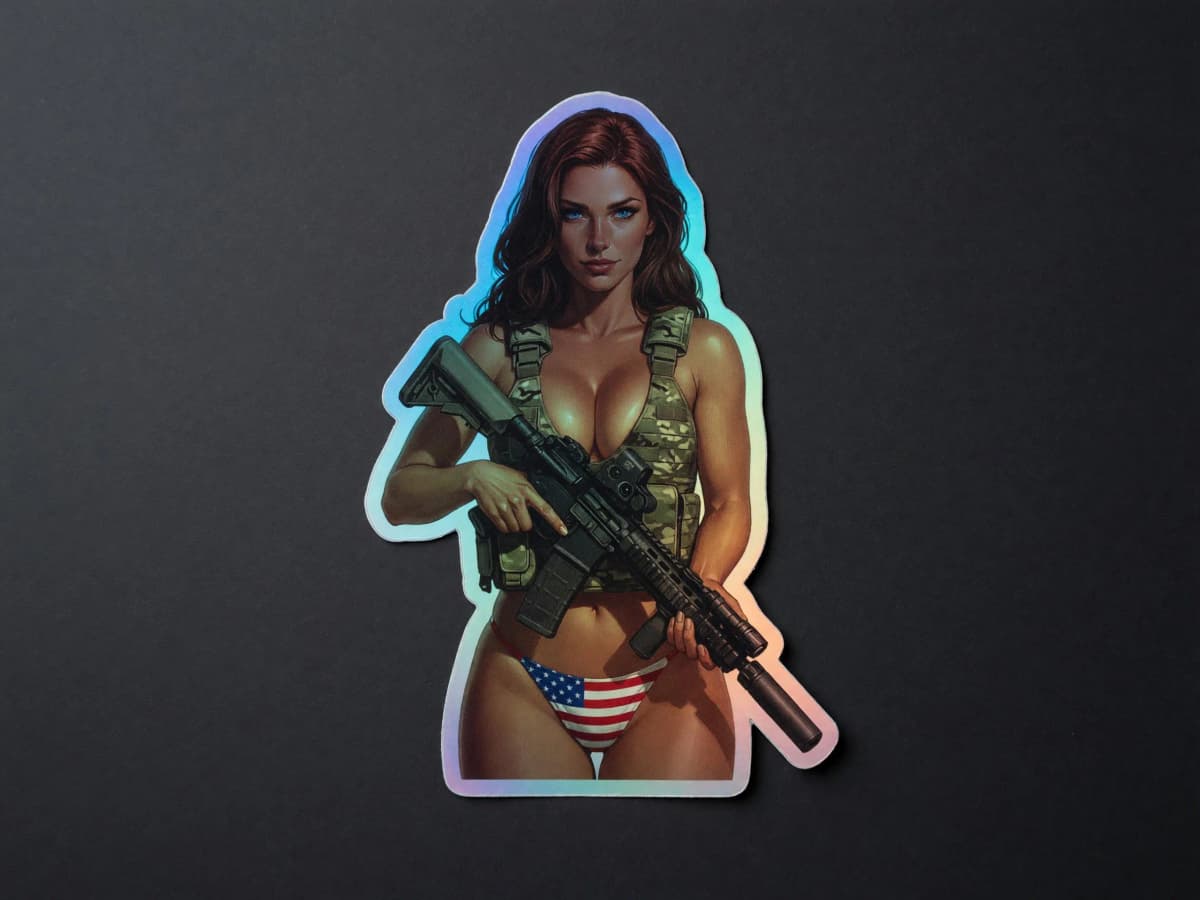 Tactical Girl Patriot AR-15 Holographic Sticker | USA Flag Pin-Up Iridescent Decal