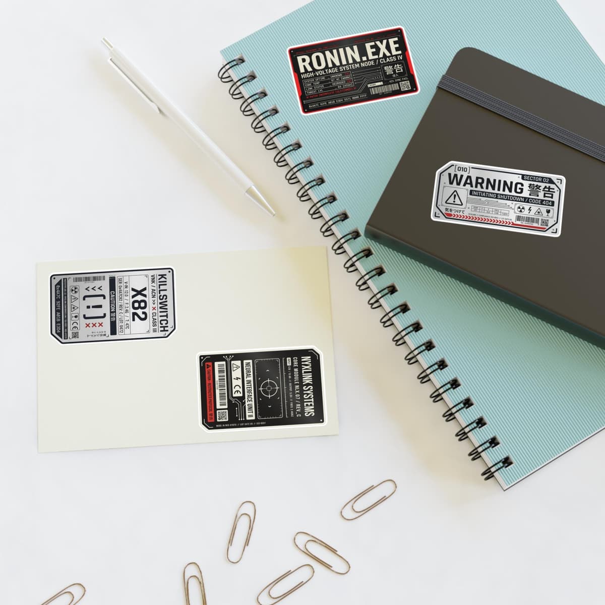 Cyberpunk Warning Labels Holographic Sticker Sheet | Sci-Fi Tech Decal Pack