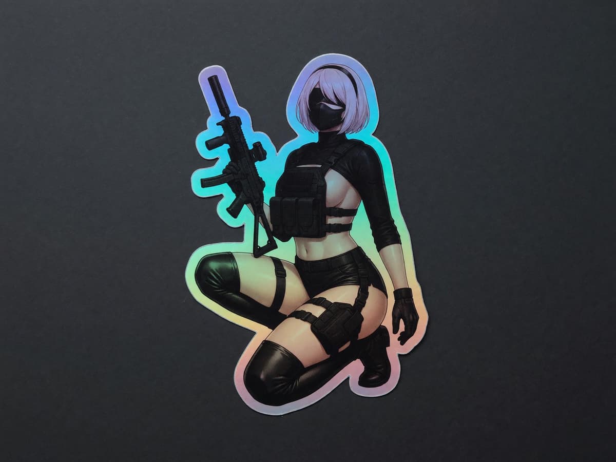 2B Tactical Kneel Holographic Sticker | Android Waifu Iridescent Vinyl Decal