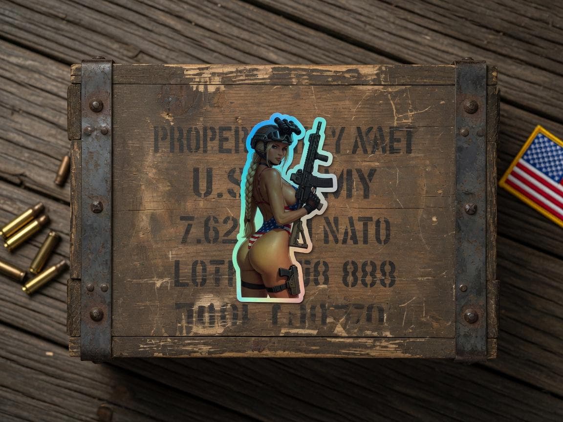 Valkyrie AR-15 USA Bikini Holographic Sticker | Patriotic Tactical Iridescent Decal