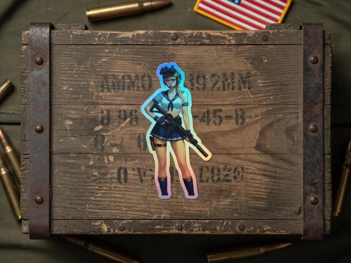Valkyrie Schoolgirl AR-15 Holographic Sticker | Tactical Waifu Iridescent Vinyl Decal