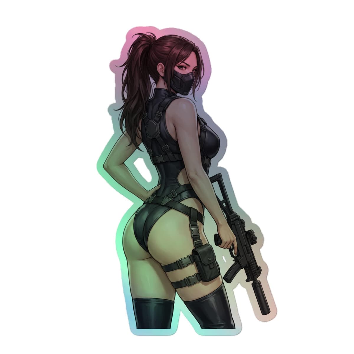 Tactical Girl Harness Rifle Holographic Sticker | Operator Pin-Up Iridescent Vinyl Decal