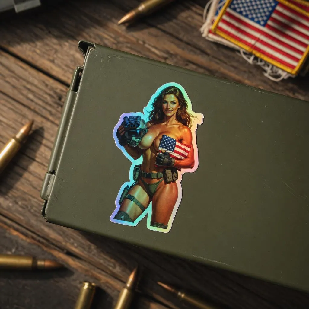 Tactical Girl American Flag Holographic Sticker | Patriotic Pin-Up Iridescent Vinyl Decal