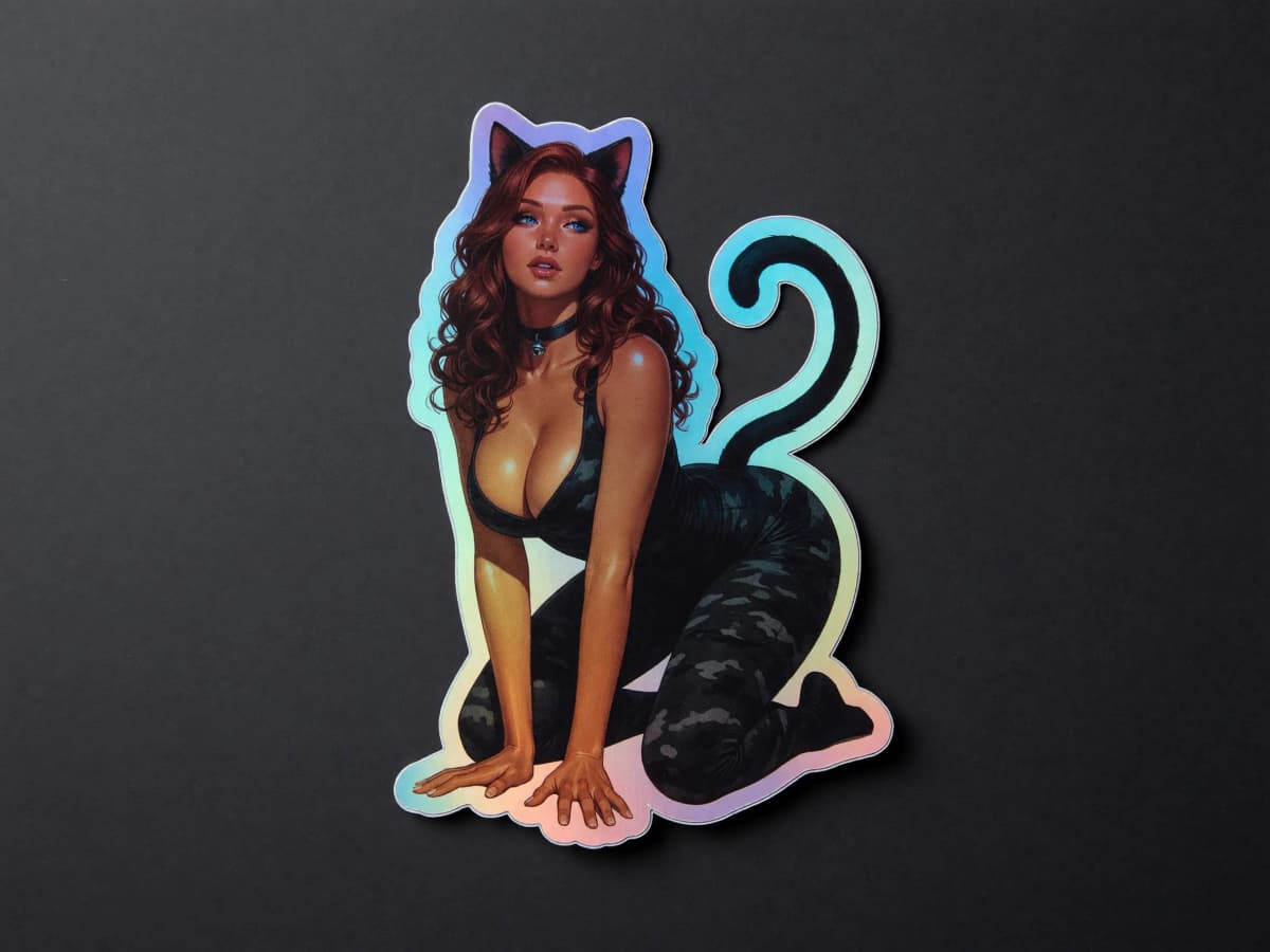 Tactical Girl Catgirl Crawl Holographic Sticker | Cat Ears Iridescent Vinyl Decal