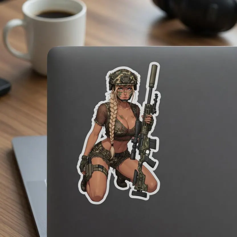 Valkyrie Sniper Multicam Sticker | Army Girl Camo Pin-Up Vinyl Decal (Kiss Cut)