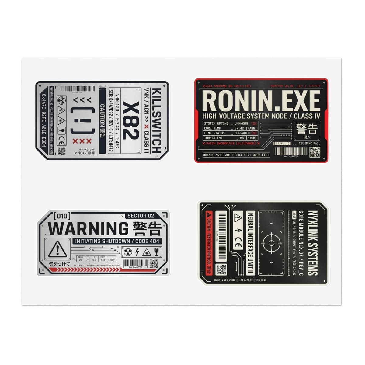 Cyberpunk Warning Labels Holographic Sticker Sheet | Sci-Fi Tech Decal Pack