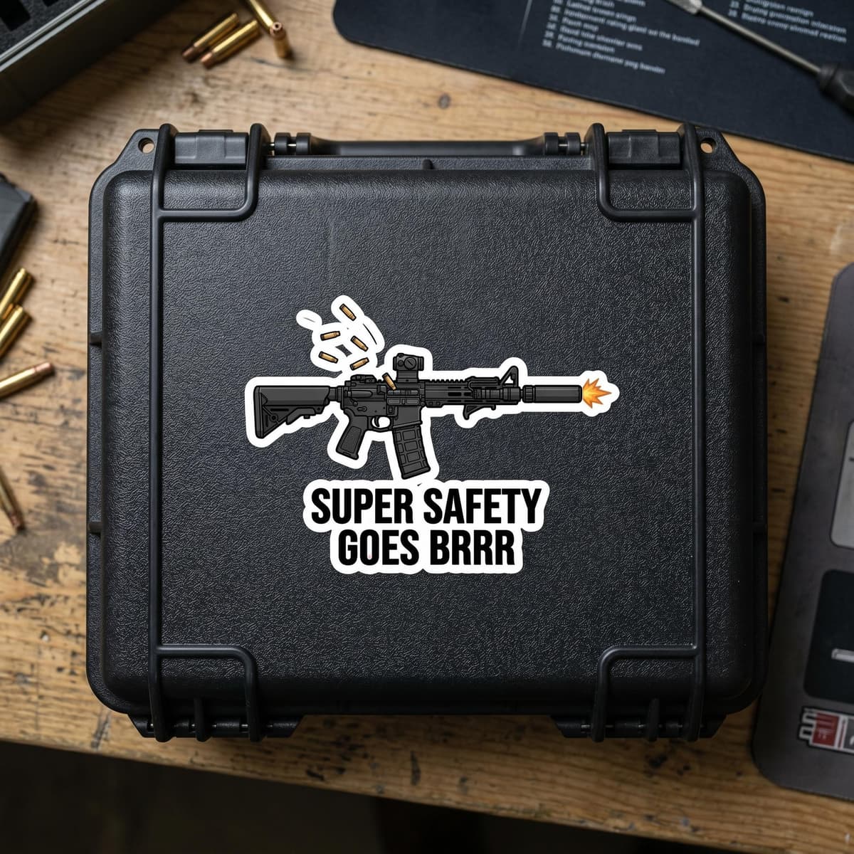 Super Safety Goes Brrr Morale Sticker | AR-15 Rapid Fire Gun Meme Decal